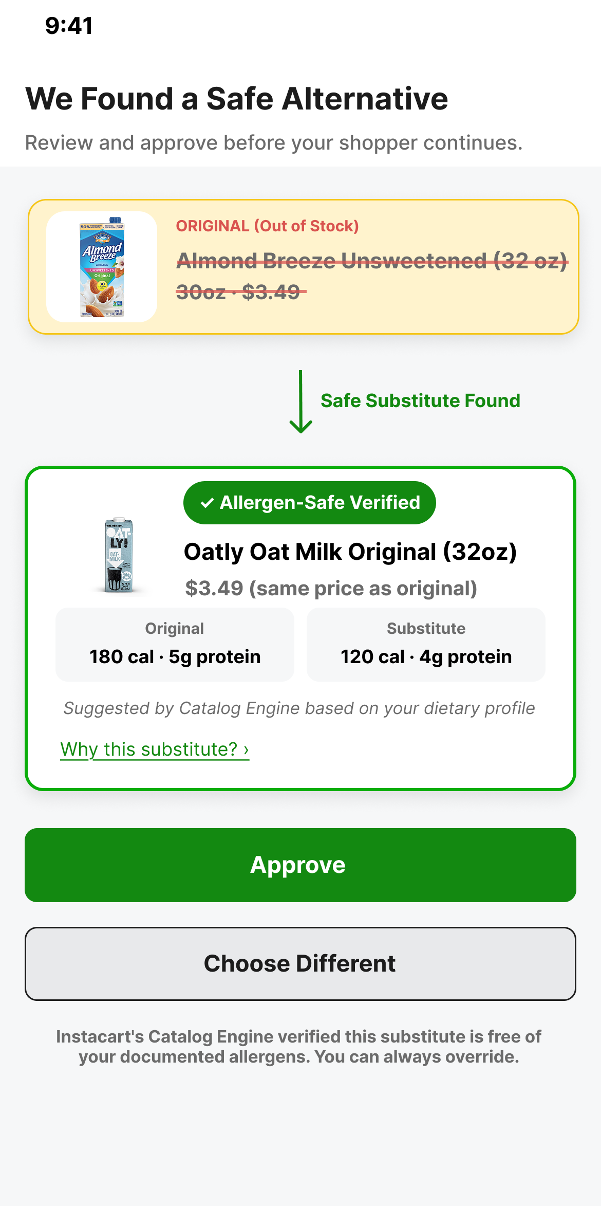 Consumer app substitution notification with allergen-safe badge