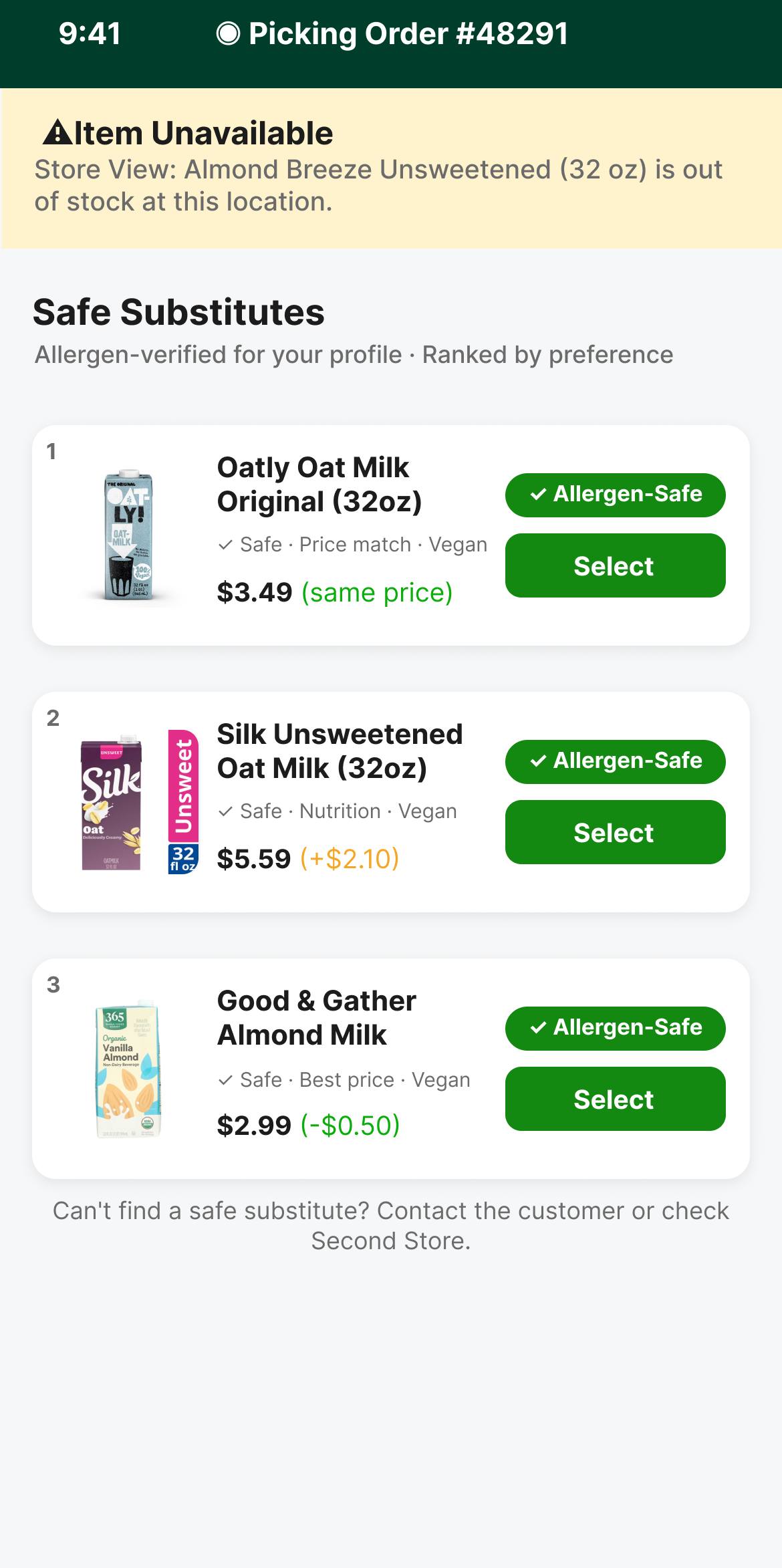 Shopper app OOS alert with top 3 allergen-safe substitutes